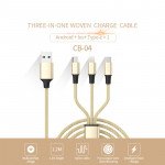 Wholesale 3 in 1 IP Lighting Type C Micro Metal Nylon Woven Aluminum USB Cable 4ft for iPhone, iDevice (Gold)